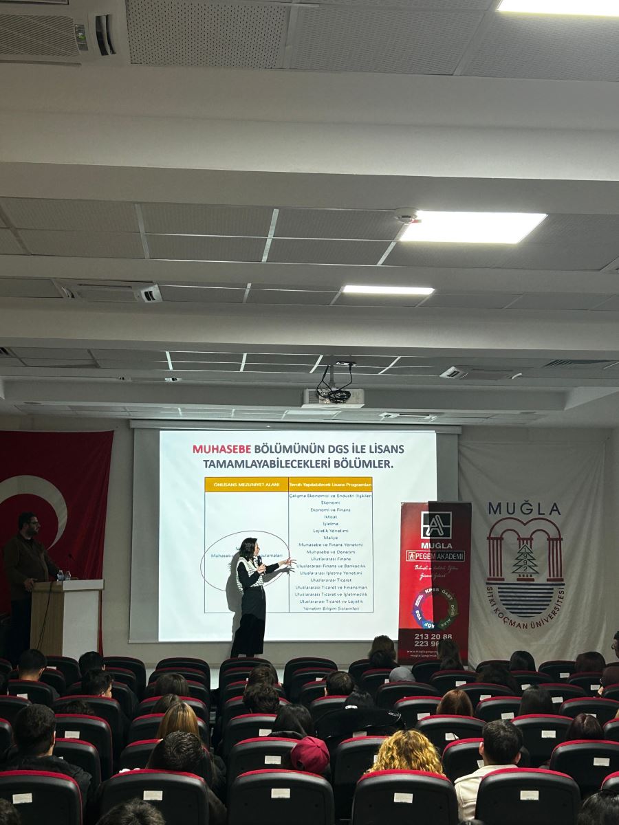 Fotoğrafta bir konferans salonunda sunum yapılırken çekilmiş bir an görülüyor. Sahnenin solunda bir erkek ayakta duruyor; ortada ise bir kadın projeksiyon perdesine yansıtılan slaytı işaret ederek sunum yapıyor. Seyirciler kırmızı-siyah koltuklarda oturmuş sunumu izliyor. Slaytta muhasebe bölümüyle ilgili lisans tamamlama programları listeleniyor. Arka planda Türk bayrağı ve Muğla Sıtkı Koçman Üniversitesi’nin logosu bulunuyor.